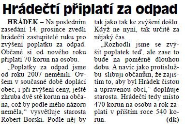 Hrádečtí připlatí za odpad (Hutník 2. 1. 2013)