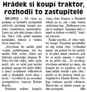 Hrádek si koupí traktor, rozhodli to zastupitelé (Hutník 10. 5. 2012)