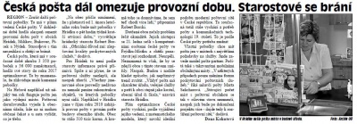 Česká pošta dál omezuje provozní dobu. Starostové se brání (Hutník 30. 1. 2013)