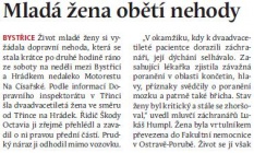 Mladá žena obětí nehody (Hutník 5. 6. 2013)