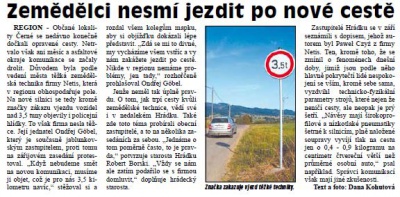 Zemědělci nesmí jezdit po nové cestě (Hutník 19. 9. 2012)