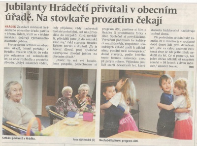 Jubilanty Hrádečtí přivítali v obecním úřadě. Na stovkaře prozatím čekají (Hutník 6. 4. 2016)