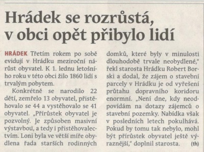 Hráde se rozrůstá, v obci opět přibylo lidí (Hutník 25. 1. 2017)