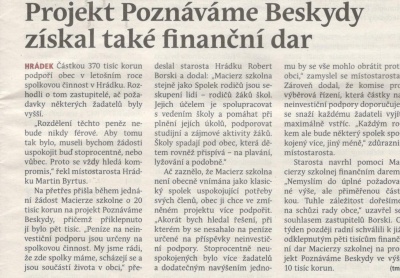 Projekt Poznáváme Beskydy získal také finanční dar (Hutník 29. 3. 2017)