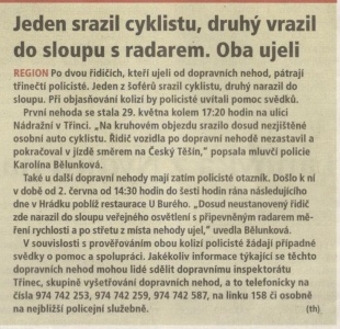 Jeden srazil cyklistu, druhý vrazil do sloupu s radarem. Oba ujeli (Hutník 14. 6. 2017)